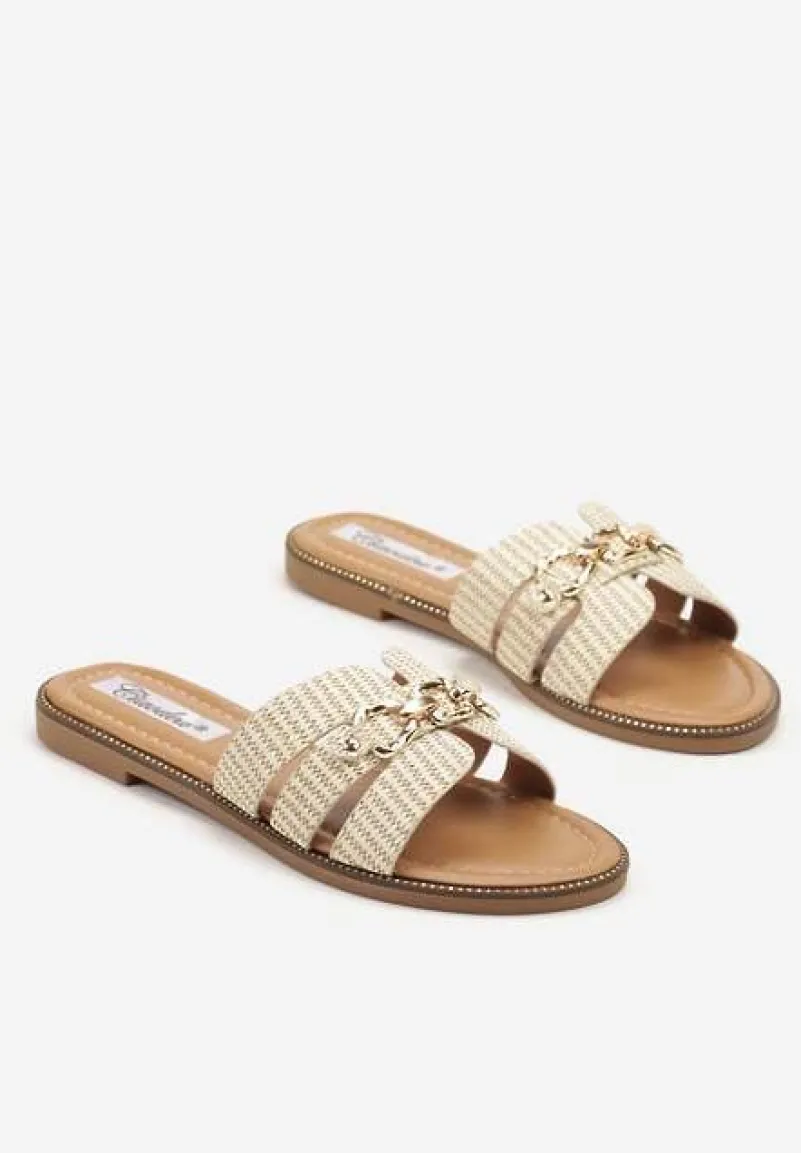 Beżowe Klapki z Ozdobnym Łańcuszkiem i Wycięciami Sepielle