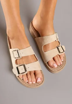 Beżowe Klapki z Ozdobnymi Klamrami i Plecionym Sznurkiem Edinwena