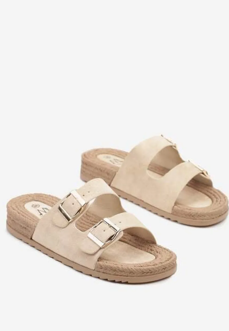 Beżowe Klapki z Ozdobnymi Klamrami i Plecionym Sznurkiem Edinwena