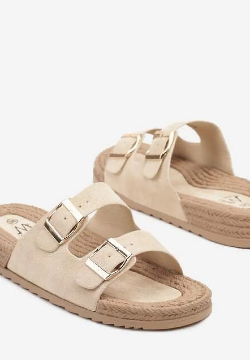 Beżowe Klapki z Ozdobnymi Klamrami i Plecionym Sznurkiem Edinwena