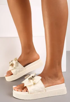 Beżowe Klapki z Pianki na Platformie z Metalicznym Wykończeniem i Kokardą Nellantha