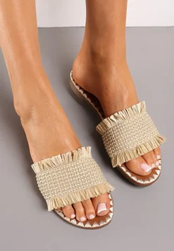 Beżowe Klapki z Plecionym Paskiem z Krótkimi Frędzlami Libbiana