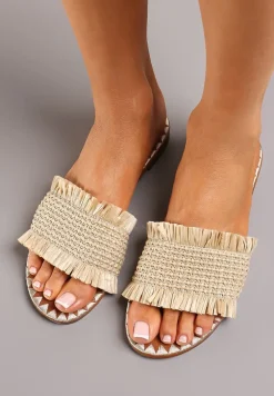 Beżowe Klapki z Plecionym Paskiem z Krótkimi Frędzlami Libbiana