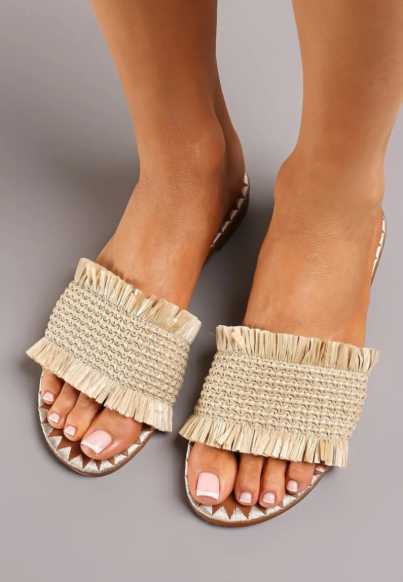 Beżowe Klapki z Plecionym Paskiem z Krótkimi Frędzlami Libbiana
