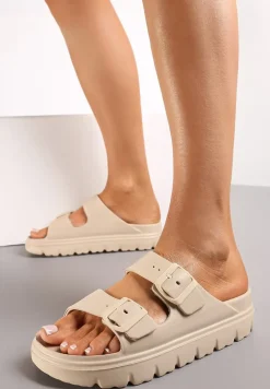 Beżowe Klapki z Regulowanymi Paskami na Platformie Idama