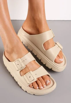 Beżowe Klapki z Regulowanymi Paskami na Platformie Idama