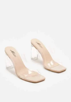 Beżowe Klapki z Transparentnymi Paskami i Słupkiem Galinda