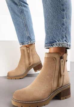 Beżowe Klasyczne Botki na Obcasie z Dekoracyjnym Suwakiem Vanim