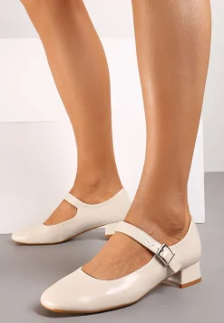 Beżowe Klasyczne Czółenka Zdobione Paskiem i Sprzączką na Niskim Obcasie Vittia