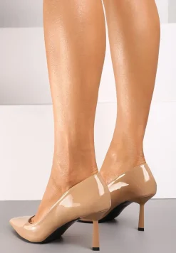 Beżowe Klasyczne Lakierowane Czółenka z Noskiem w Szpic na Szpilce Zaithne