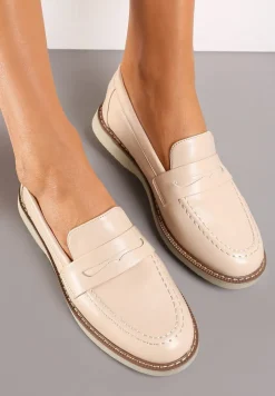 Beżowe Klasyczne Mokasyny Ozdobione Wstawką i Przeszyciem Berdafa