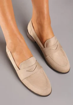 Beżowe Klasyczne Mokasyny Typu Loafersy na Płaskiej Podeszwie Daivina