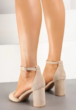 Beżowe Klasyczne Sandały z Ekozamszu na Słupkowym Obcasie Deorniel