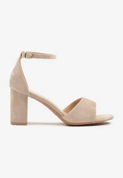 Beżowe Klasyczne Sandały z Ekozamszu na Słupkowym Obcasie Deorniel