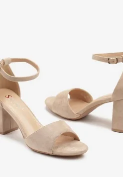 Beżowe Klasyczne Sandały z Ekozamszu na Słupkowym Obcasie Deorniel