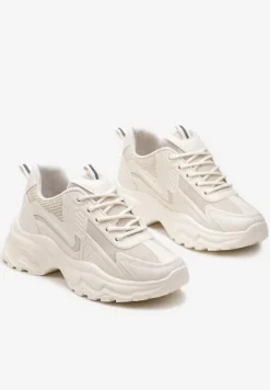 Beżowe Klasyczne Sneakersy Sznurowane na Niskiej Platformie Lenivia