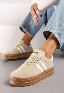 Beżowe Klasyczne Sneakersy na Niewysokiej Platformie Terilee