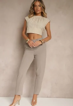 Beżowe Klasyczne Spodnie Regular Waist z Gumką w Pasie Tilomira