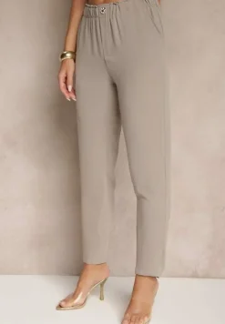 Beżowe Klasyczne Spodnie Regular Waist z Gumką w Pasie Tilomira