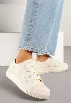 Beżowe Klasyczne Trampki z Cholewką z Haftem Meppane