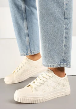 Beżowe Klasyczne Trampki z Cholewką z Haftem Meppane