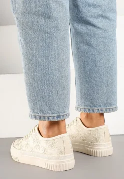 Beżowe Klasyczne Trampki z Cholewką z Haftem Meppane