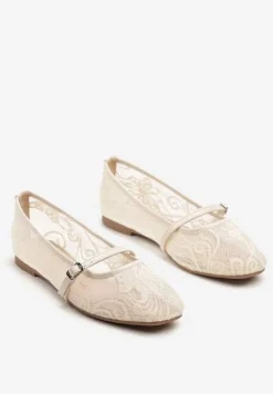 Beżowe Koronkowe Balerinki z Paskiem na Sprzączkę Lanaria