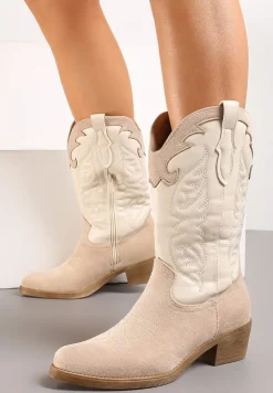 Beżowe Kowbojki Botki do Połowy Łydki z Ozdobnymi Przeszyciami na Niskim Słupku Indriel