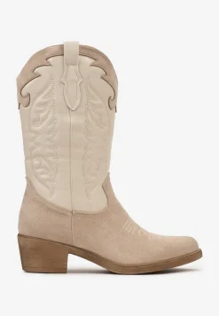 Beżowe Kowbojki Botki do Połowy Łydki z Ozdobnymi Przeszyciami na Niskim Słupku Indriel