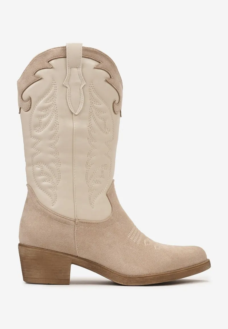 Beżowe Kowbojki Botki do Połowy Łydki z Ozdobnymi Przeszyciami na Niskim Słupku Indriel