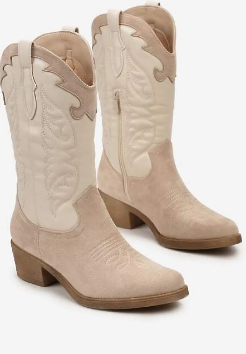 Beżowe Kowbojki Botki do Połowy Łydki z Ozdobnymi Przeszyciami na Niskim Słupku Indriel