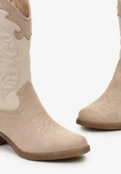 Beżowe Kowbojki Botki do Połowy Łydki z Ozdobnymi Przeszyciami na Niskim Słupku Indriel