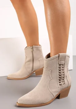 Beżowe Kowbojki Botki z Ażurową Wstawką z Ekozamszu Orlian