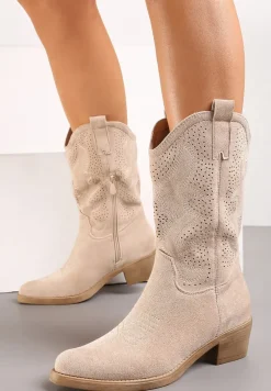 Beżowe Kowbojki Botki z Ozdobnymi Dziurkami na Łydce przed Kolano Erida
