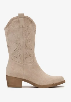 Beżowe Kowbojki Botki z Ozdobnymi Dziurkami na Łydce przed Kolano Erida
