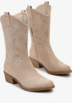 Beżowe Kowbojki Botki z Ozdobnymi Dziurkami na Łydce przed Kolano Erida