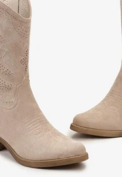 Beżowe Kowbojki Botki z Ozdobnymi Dziurkami na Łydce przed Kolano Erida