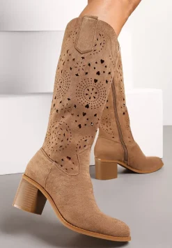 Beżowe Kozaki Kozaki w Stylu Boho na Słupku z Wkładką z Naturalnej Skóry Idracasa