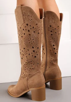 Beżowe Kozaki Kozaki w Stylu Boho na Słupku z Wkładką z Naturalnej Skóry Idracasa