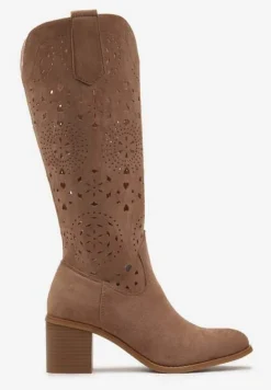 Beżowe Kozaki Kozaki w Stylu Boho na Słupku z Wkładką z Naturalnej Skóry Idracasa