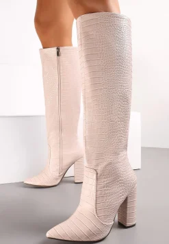 Beżowe Kozaki do Kolana z Imitacją Skóry Krokodyla na Słupku Orivelle