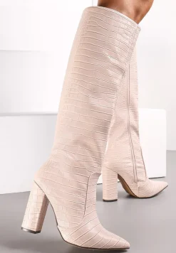 Beżowe Kozaki do Kolana z Imitacją Skóry Krokodyla na Słupku Orivelle