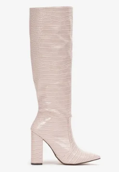 Beżowe Kozaki do Kolana z Imitacją Skóry Krokodyla na Słupku Orivelle