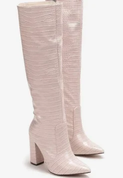 Beżowe Kozaki do Kolana z Imitacją Skóry Krokodyla na Słupku Orivelle