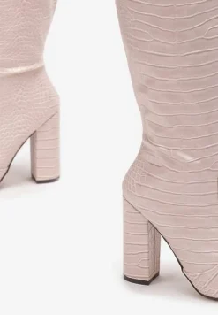 Beżowe Kozaki do Kolana z Imitacją Skóry Krokodyla na Słupku Orivelle