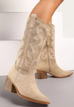 Beżowe Kozaki Kowbojki na Słupku z Noskiem w Szpic i Ażurowym Zdobieniem Ranawia