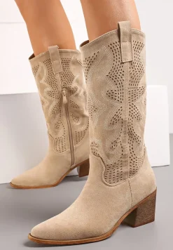 Beżowe Kozaki Kowbojki na Słupku z Noskiem w Szpic i Ażurowym Zdobieniem Ranawia