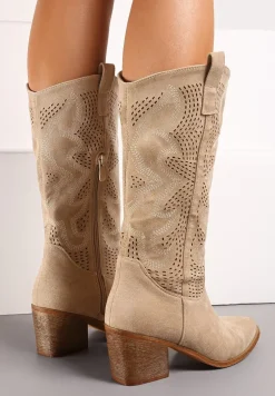 Beżowe Kozaki Kowbojki na Słupku z Noskiem w Szpic i Ażurowym Zdobieniem Ranawia