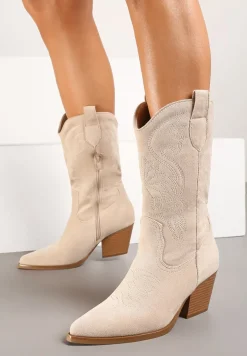 Beżowe Kozaki Kowbojki na Słupku z Ozdobnym Tłoczeniem na Cholewce Miandriae