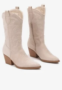 Beżowe Kozaki Kowbojki na Słupku z Ozdobnym Tłoczeniem na Cholewce Miandriae